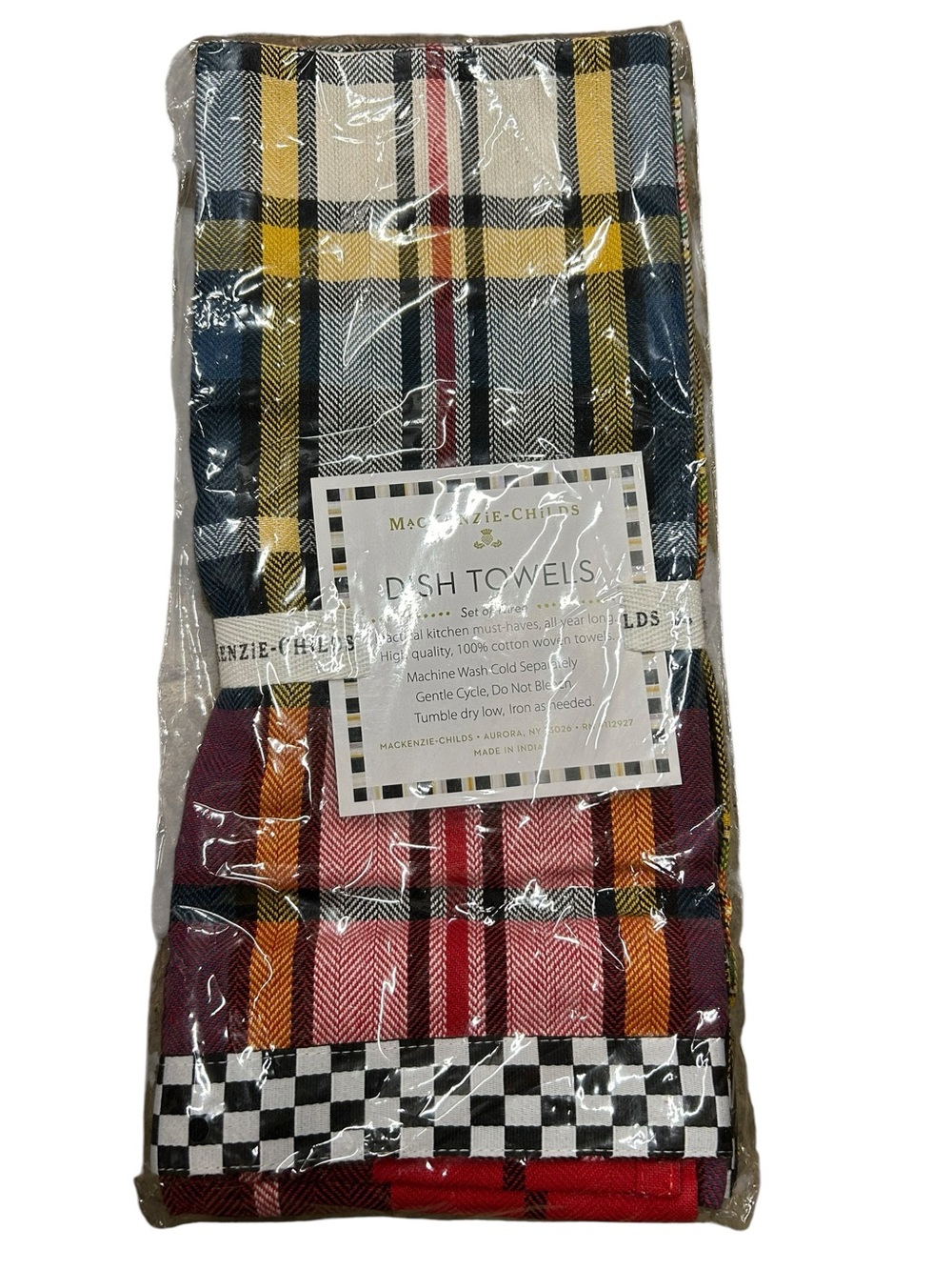 MacKenzie-Childs Tartan Check woven dish towels assorted set of 3 NIP